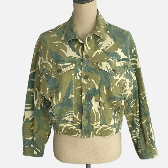 Mother Denim Women’s The Fly Away Jacket Tropical Camo Green Size XS Spring - Picture 2 of 16